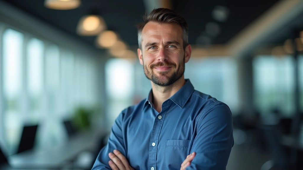 Uydu mühendisi genç profesyonel erkek, ofis ortamında kameraya bakıyor