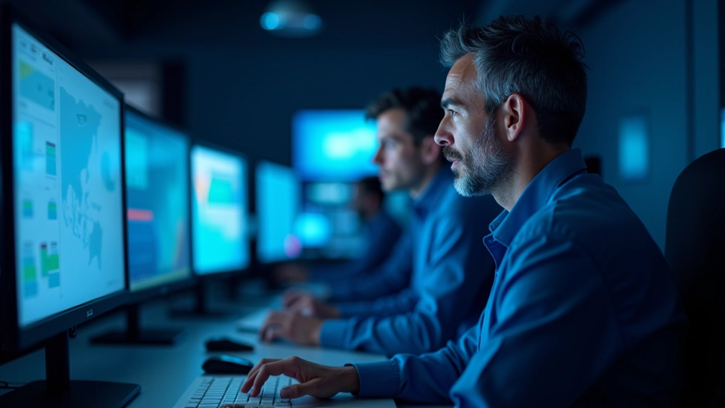 Uydu kontrol merkezi teknisyenleri, bilgisayar ekranlarında yörünge verileri izleyen mühendisler, modern operasyon merkezi ortamı