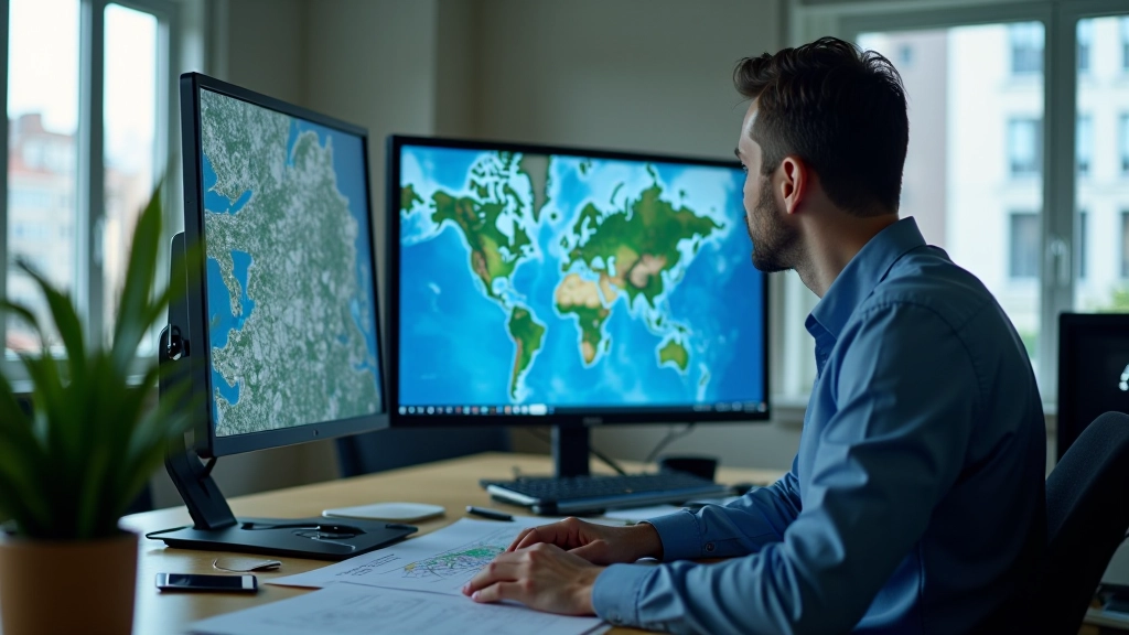 Şehir planlama ofisinde GÖKTÜRK uydu haritaları üzerine su kaynakları ve yeşil alan analizi yapılıyor